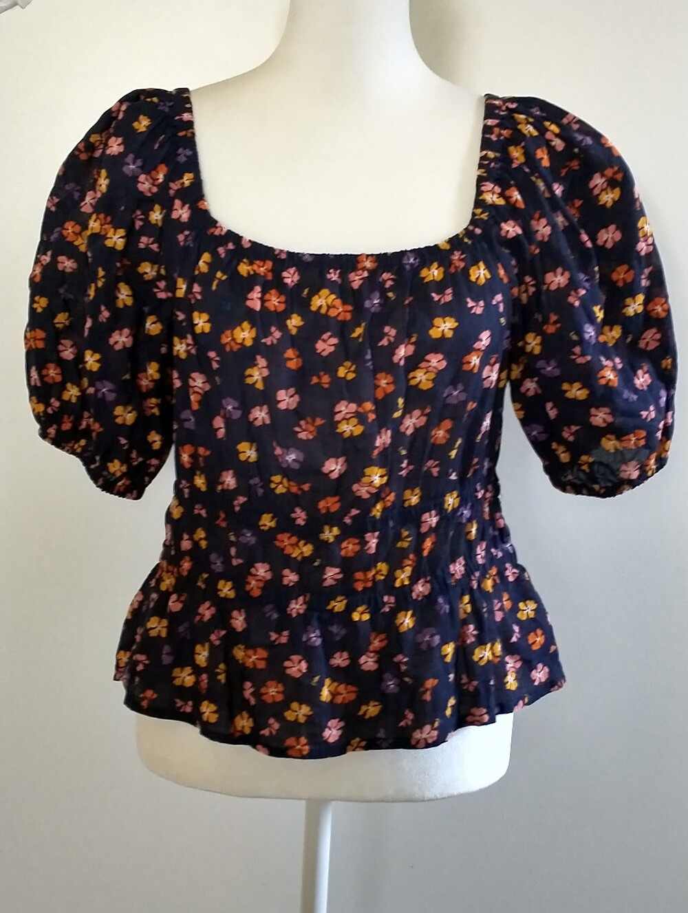 Madewell navy blue floral cotton peplum puff sleeve blouse top S Coastal Preppy